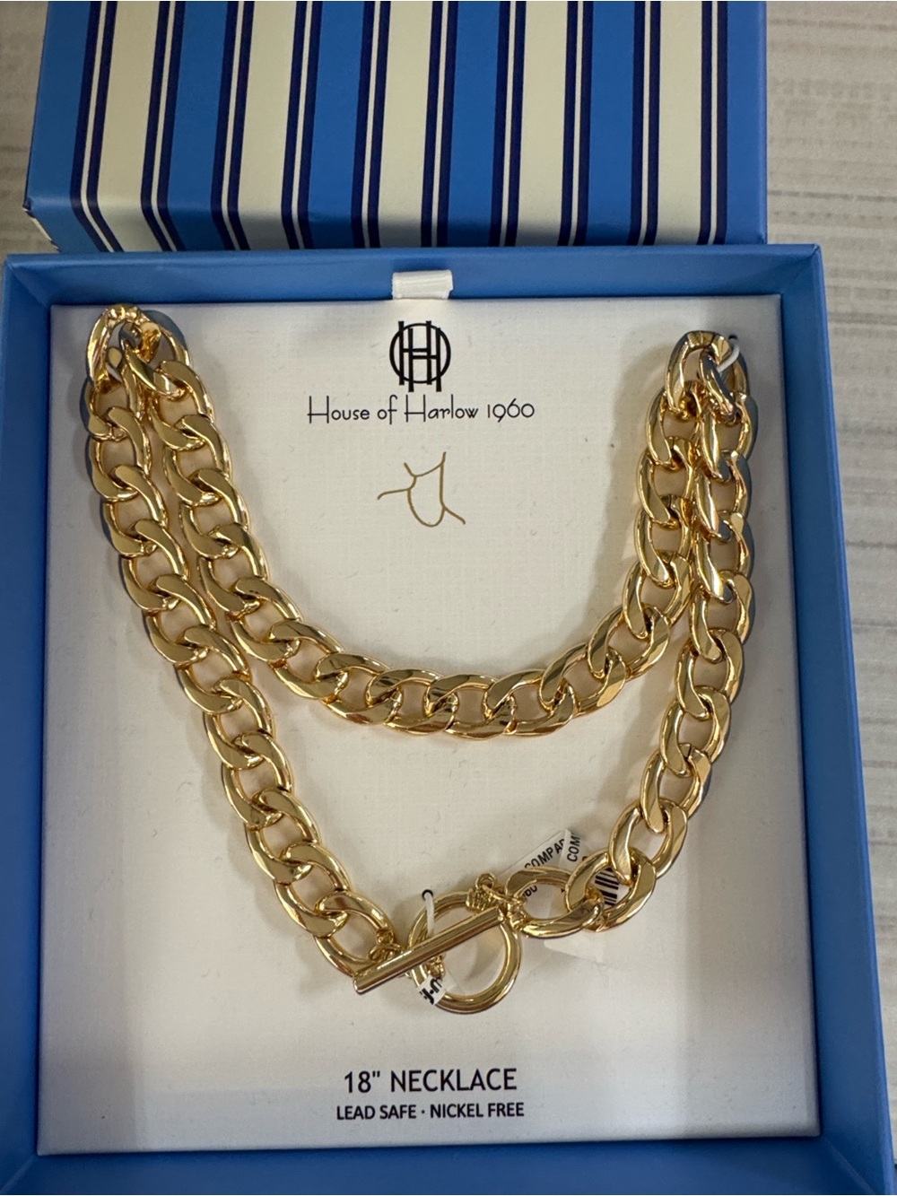 NWT House of Harlow 1960 Gold Chunky Double Chain Toggle Necklace 18”